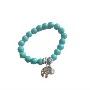 Faux Turquoise Beaded Bracelet with Silver Elephant Charm